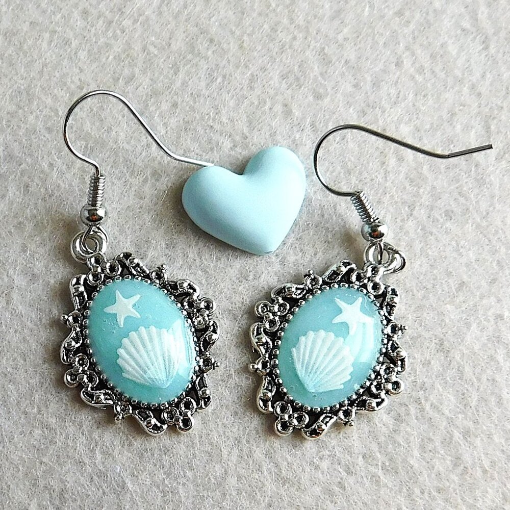 Silver Seashell Drop Earrings: Antique look Coastal Dangle Jewelry